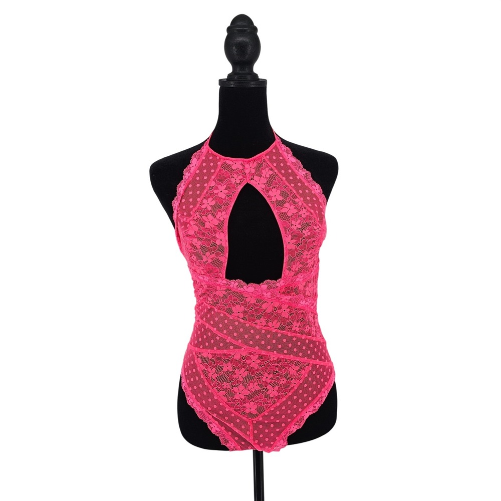Victoria's Secret Hot‎ Pink Lace Polka Dot Keyhole Halter Teddy Bodysuit M